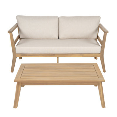 Kati Outdoor 2-Piece Acacia Wood Conversation Set With Slatted Tabletop & Cushions