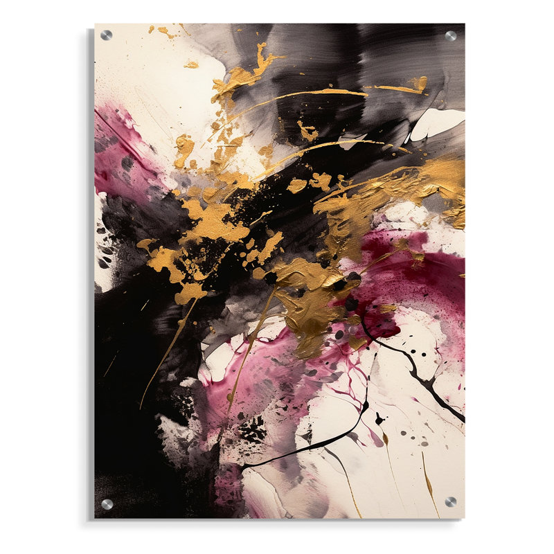 Or et rose fluides fusion II - Art mural abstrait en acrylique, H 32 po x l 24 po