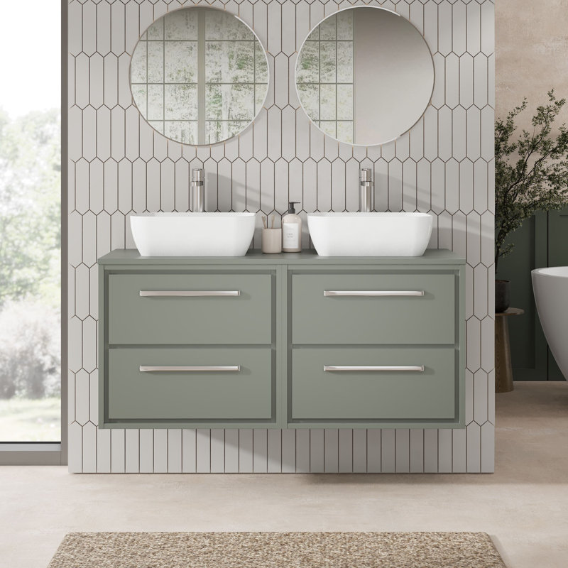 Hudson Reed Lille 600mm Fern Green 2 Drawer Wall Hung Vanity Unit With Co-ordinating Worktop, Fern Green, 120.5cm W