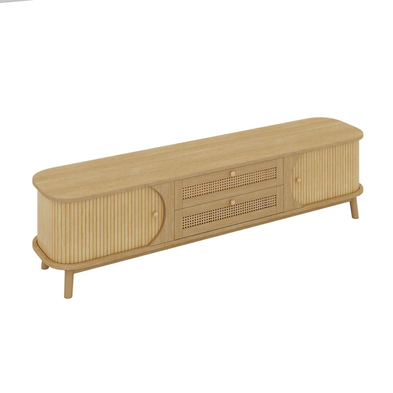 Rattan TV Stand For Tvs Up To 75", Entertainment Center With Solid Wood Legs, Natural Wood