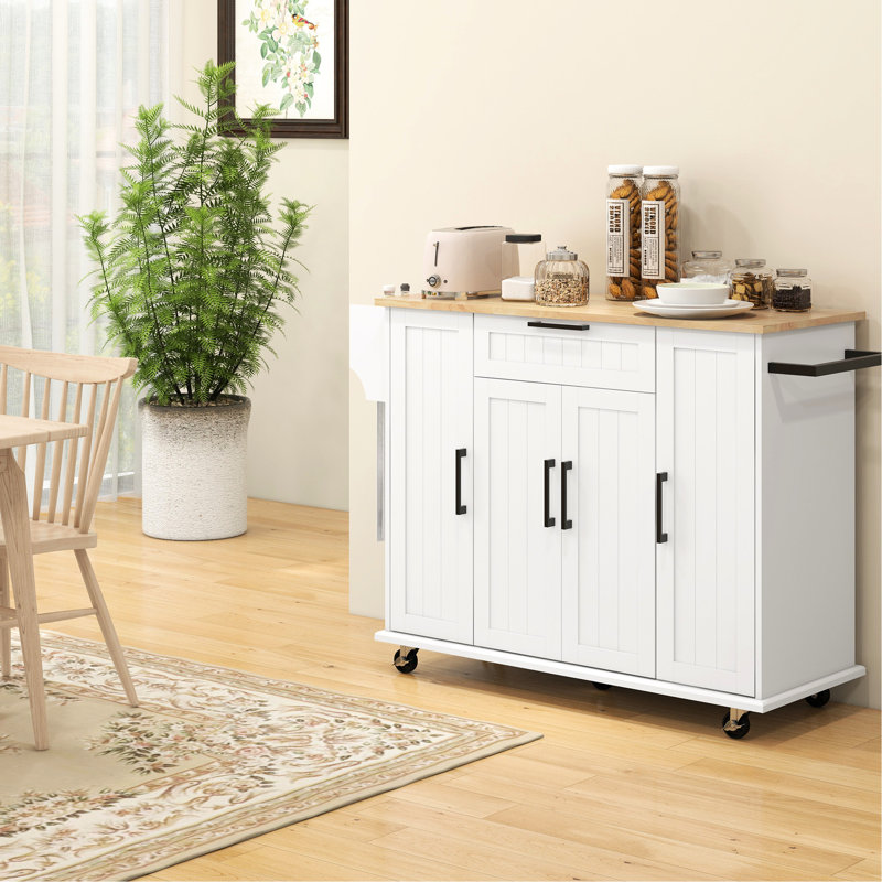 Îlot de cuisine roulant, blanc, avec plateau en bois d'hévéa, tiroir et surface d'armoire stable, tablettes