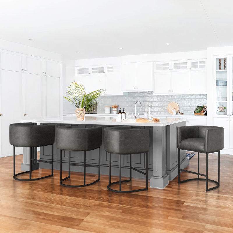 Clodomira 27" H Counter Height Bar Stools Set Of 4, Modern Barrel Counter Stools With Backrest And Arms, Metal Frames, Upholstered Accent Barstools For Kitchen Island