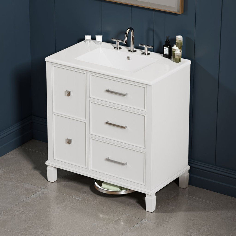 Meuble-lavabo de 30 po avec lavabo en céramique, tiroir escamotable pour la plomberie, Blanc