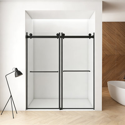 56"-60"W x 76"H Frameless Shower Door, Double Sliding Shower Door, 3/8'' (10mm) Clear Tempered Glass Shower Enclosure with Square Rail,Double Side Easy Clean Coat,Brushed Nickel Finished With Buffer
