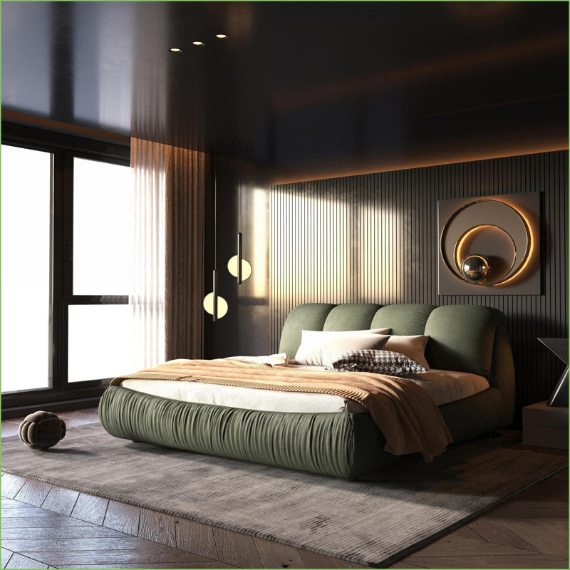 Grand lit plateforme en bois massif avec dossier rembourré surdimensionné, aucun sommier nécessaire, vert pour la chambre à coucher