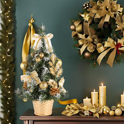 16 Inch Table Top Small Christmas Tree with ball Tabletop Christmas Trees Basket Base Decorated  Bow Ball Ornaments Christmas Decorations Indoor Xmas Office Home Decor