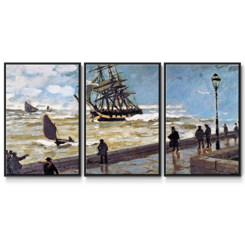 «The Jetty at Le Havre Bad Weather», 1870 - Toile encadrée à pièces multiples, H 24 po x l 48 po x P 2 po, Noir