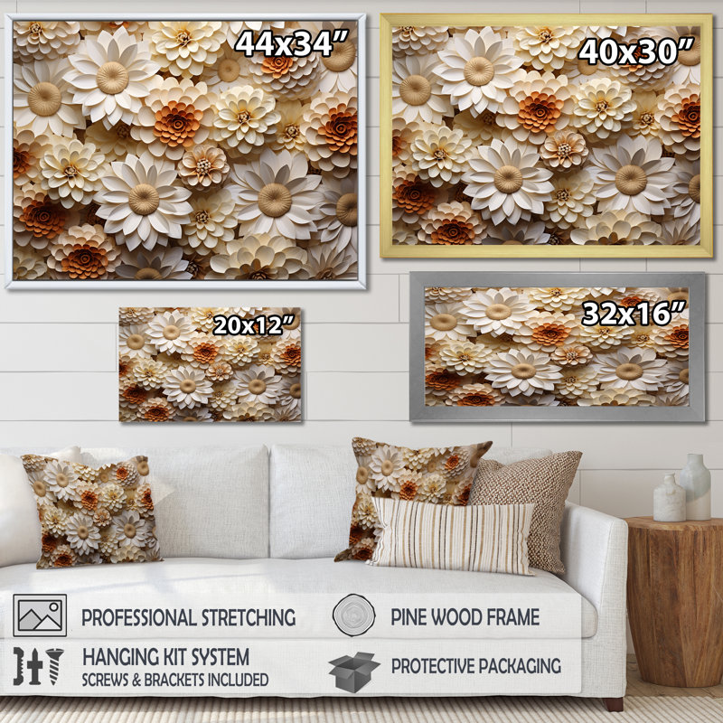 «Vibrant White Zinnias Collage» sur toile, Cadre naturel flottant, H 30 po x l 40 po