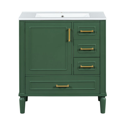 Traditional 30" Bathroom Cabinet With Three Drawers, Soft Close Doors, Ceramic Basin, Gold Handles, Compact Bath Option Vanity In , Close,