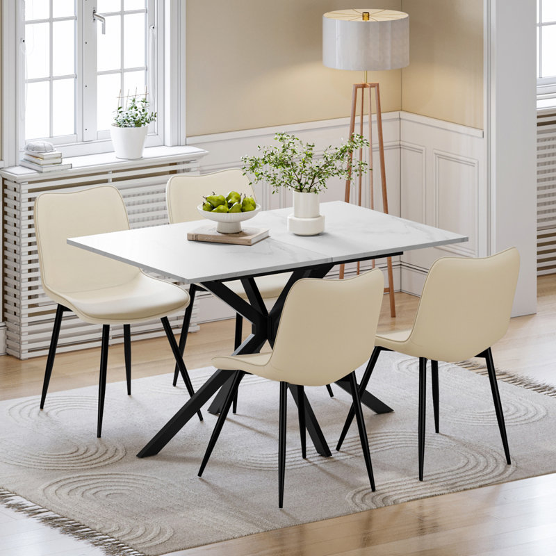 Extendable Dining Table And Chairs Set Of 4, Concrete Effect Rectangular Table With Upholstered Faux Leather Chairs For Dining Room,Kitchen