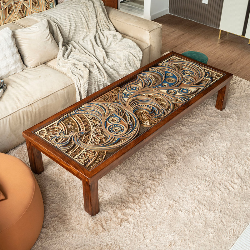 Table basse en bois d'orme sculpté Intricate