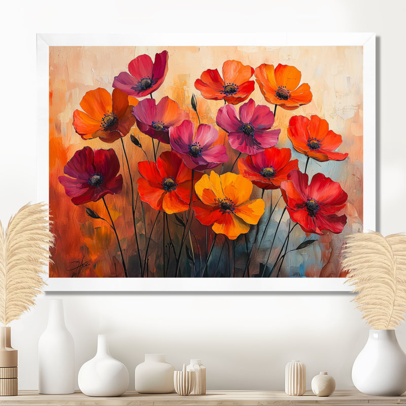 Jabryan orange dansant parmi les fleurs sauvages II - Art mural de fleurs sauvages pour le salon, H 30 po x l 40 po, Blanc