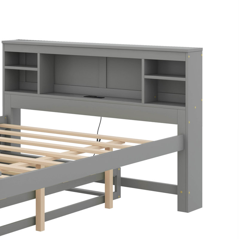 Lit plateforme double avec tête de lit, USB, lit gigogne et 3 tiroirs, Gris