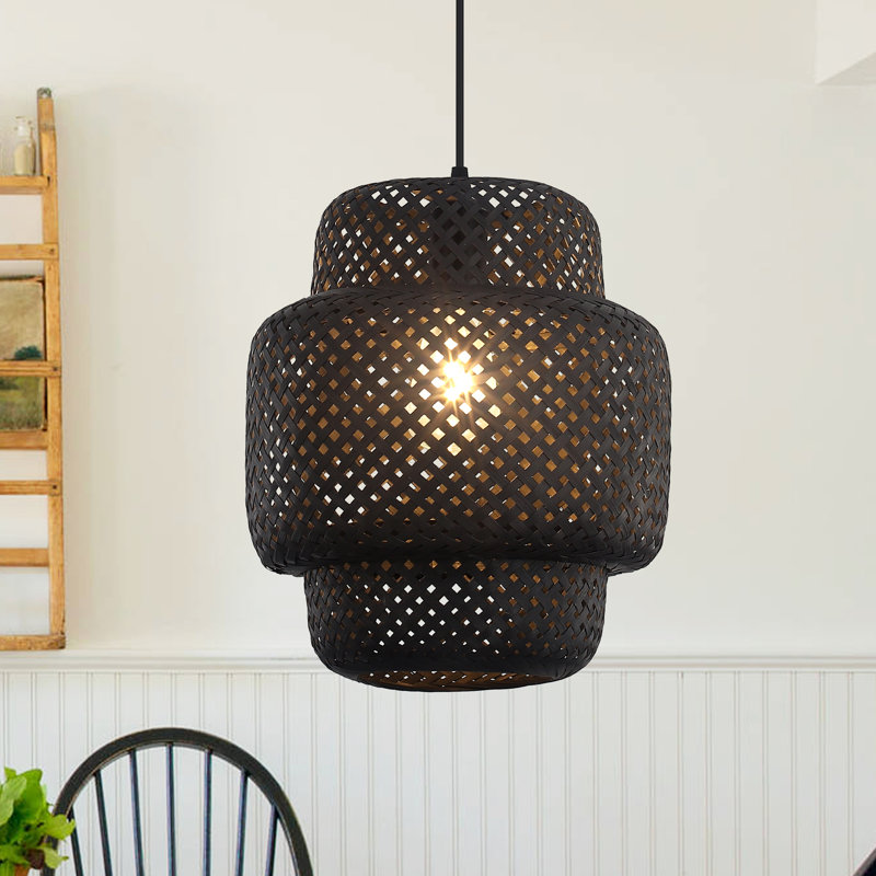 Luminaire suspendu cylindrique en bambou tissé à la main à 1 lumière Pylesville, Noir, H 13,77 po x l 11,81 po x P 11,81 po