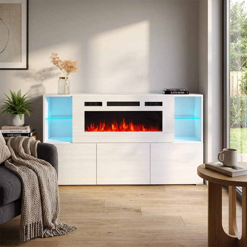 Camberlynn 63" Sideboard with Electric Fireplace, High Gloss Finish, White