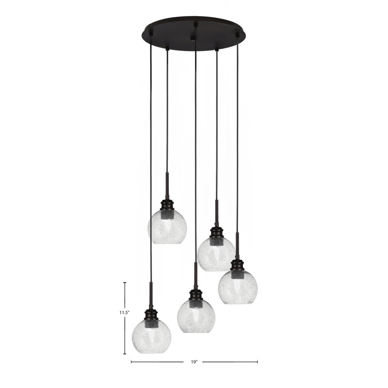 Edge 5 Light Cluster Pendalier Shown With 5.75" Bubble Glass, Espresso, Smoke
