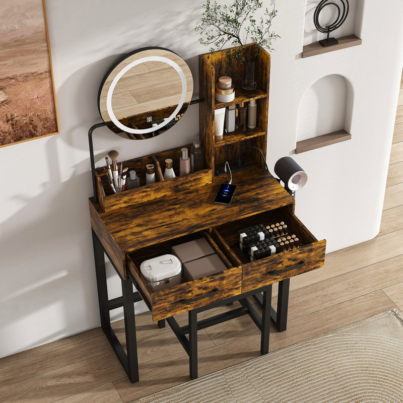 Coiffeuse ronde avec miroir DEL, interrupteur à 3 couleurs, 2 grands tiroirs, prise électrique et plateaux, brun, éclairage naturel/chaud/froid, grande prise, utilisation durable