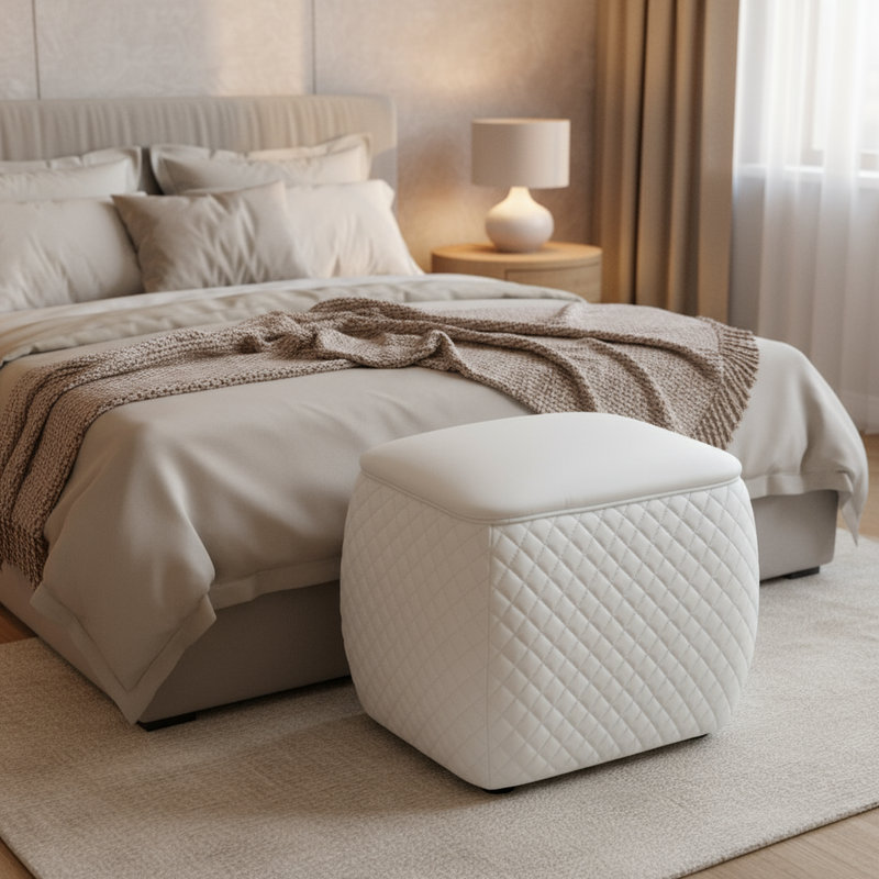 Scratch-Resistant Diamond Tufted Ottoman, 19.5x15.5x18 Inch Pet-Friendly Accent Stool,White, White