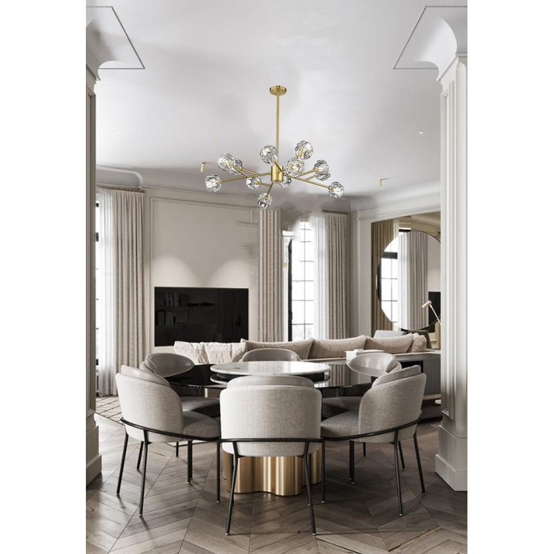 Lustre en or 12 lumières avec abat-jour en cristal transparent, Or, 12