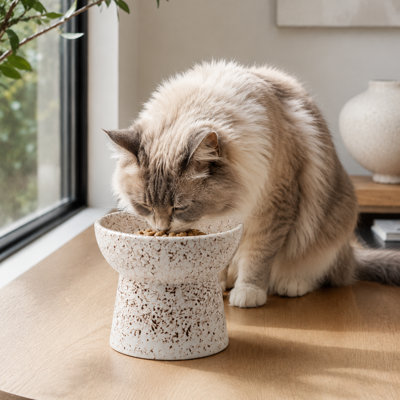 Speckled Elevated Ceramic Cat Bowl, Neck-Protective Raised Feeder For Cats & Small Dogs,Speckled Brown