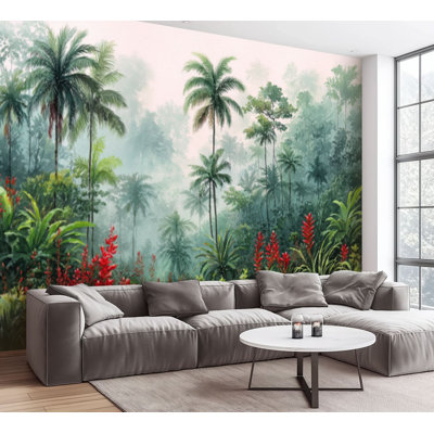 Wall Mural Peel and Stick Wallpaper Tropical Forest Palm Trees Vibrant Foliage Watercolor Self-Adhesive Removable Contact Paper Wall Decor for Living Room Bedroom 100"H x 144"W