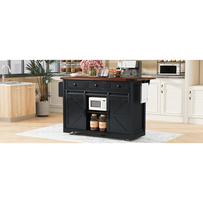 Rangement de cuisine avec 2 portes de grange coulissantes, abattant pour îlot de 53,7 po, prise de courant, support à épices, roulettes, portes et douilles noires pour salle à manger, roulettes de style