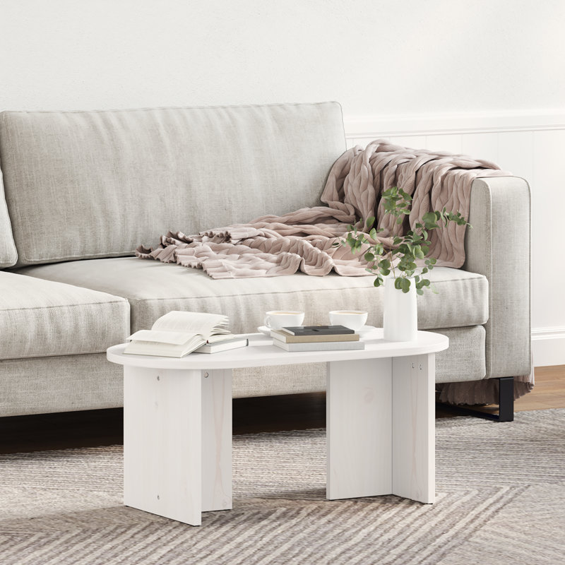 Coffee Table Solid Pine wood Modern Oval Living Room Indoor Decor, White