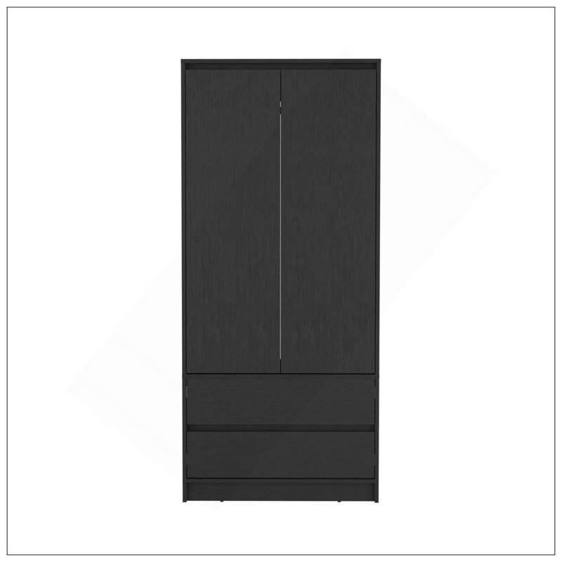 Armoire, garde-robe avec deux tiroirs, tringle, noir, Noir