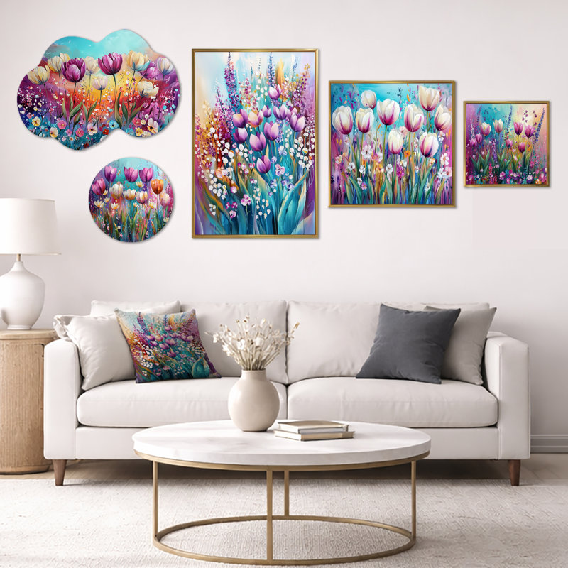 Fantasy Lavender & Tulips Field V – Floral Wall Decor, Metal and Framed Canvas Wall Art Set of 5 (100" x 40")