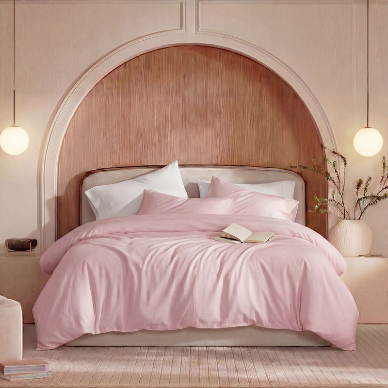100% Washed Cotton Comforter Set King Size – Pink, Linen-Like Texture, Soft & Breathable Bedding Set, 3-Piece Durable Percale Comforter