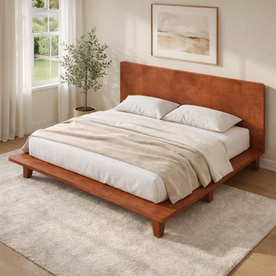 Wood Platform Bed With Wide Edge Frame, Low-Profile, Rectangular Panel Headboard, Contemporary, Bedroom