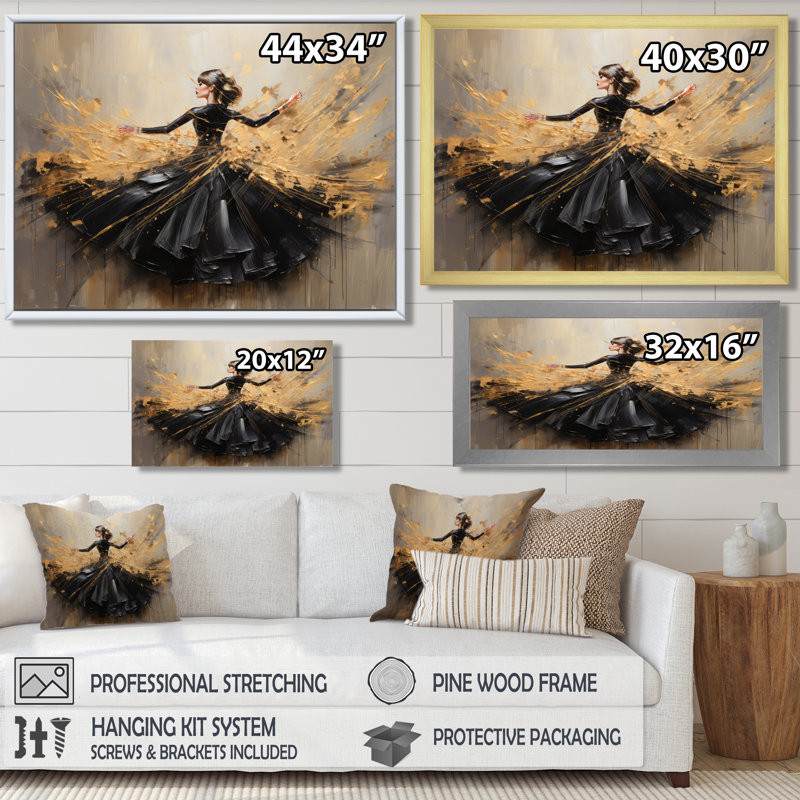 Gold and Black Dance Splash II - Danse, reproduction d'art encadrée, Cadre noir, H 32 po x l 24 po x P 1 po