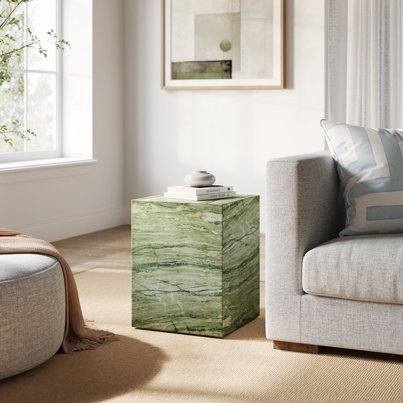 Jordana Square Plinth Indoor - Outdoor Patio Concrete Side Table, Green Marble