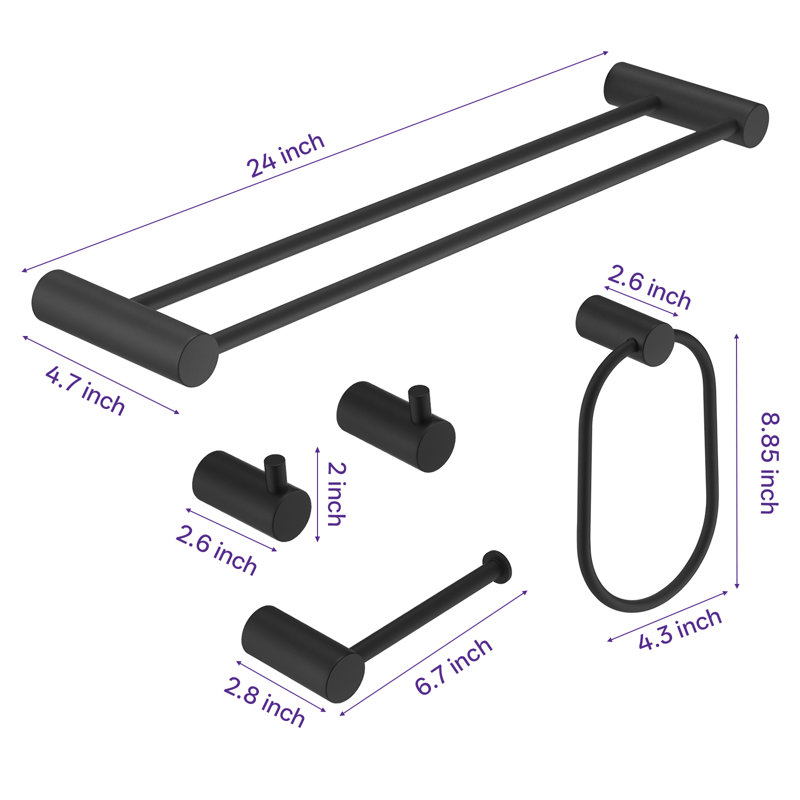 5-Piece Bath Hardware Set With 24 In. Towel Rack, Towel Bar Toilet Paper Holder Towel Ring Towel Hook In Matte Black