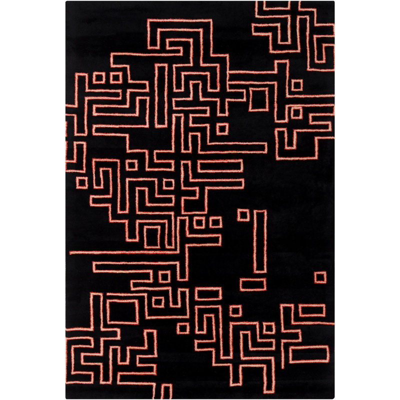 Tapis en labyrinthe géométrique noir, rouge, orange et crème Cloral Authentic, 5 pi x 7 pi 6 po