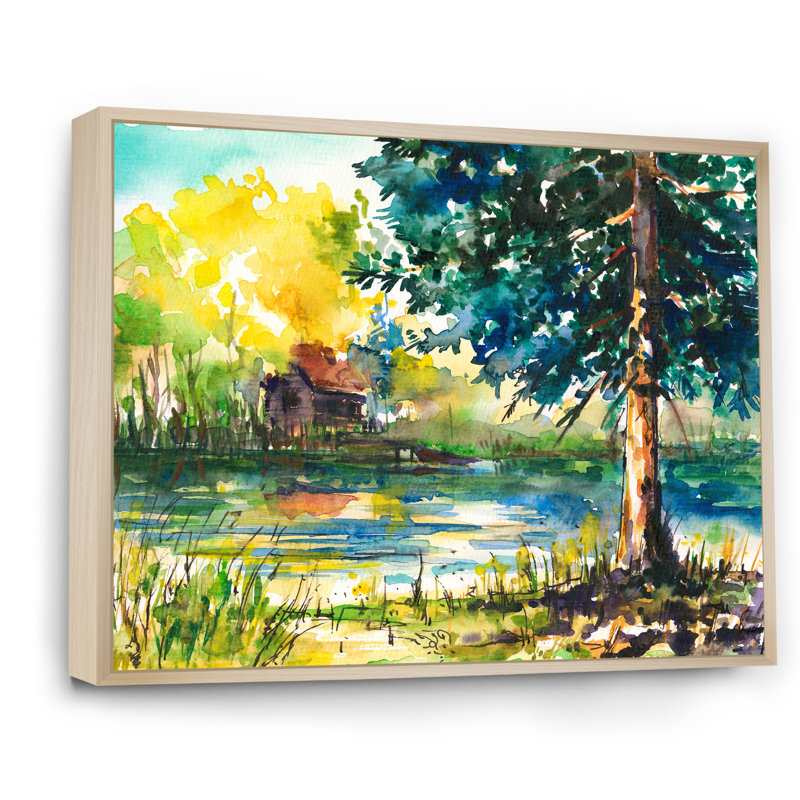 Paysage avec arbre bleu au bord de l'eau - Peinture sur toile, H 16 po x l 32 po, Cadre flottant en érable