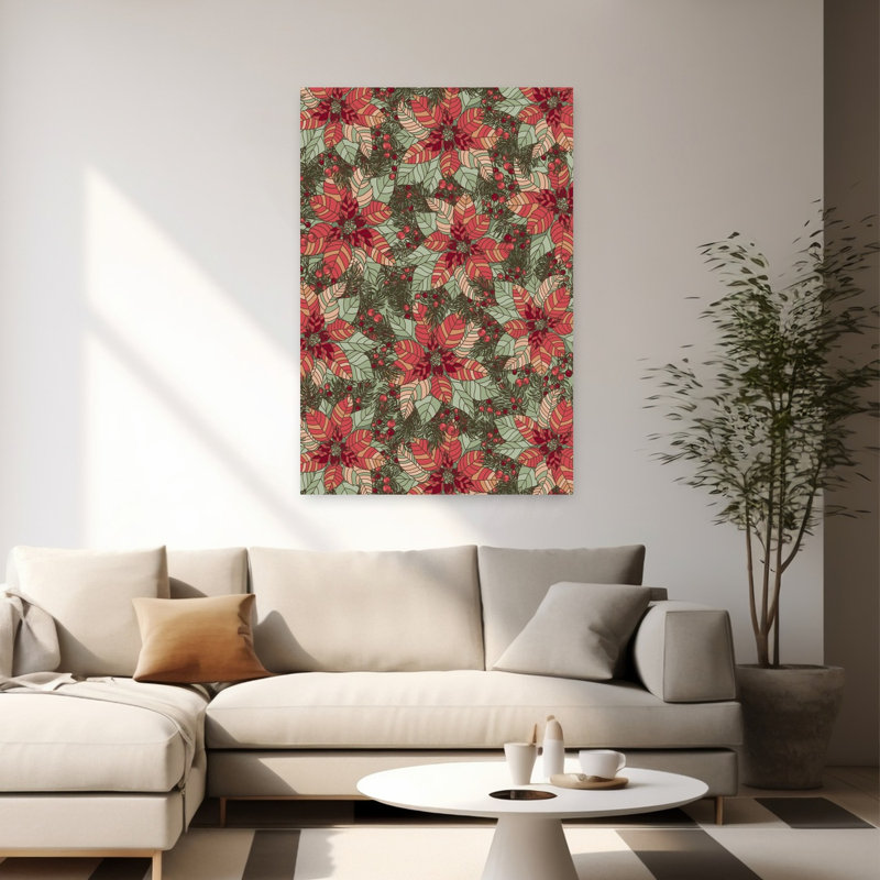 Festive Poinsettia Pattern Classic Abstract Pine Poinsettia Nature Winter Wall Art Print 1 Piece Wrapped Canvas Wall Art