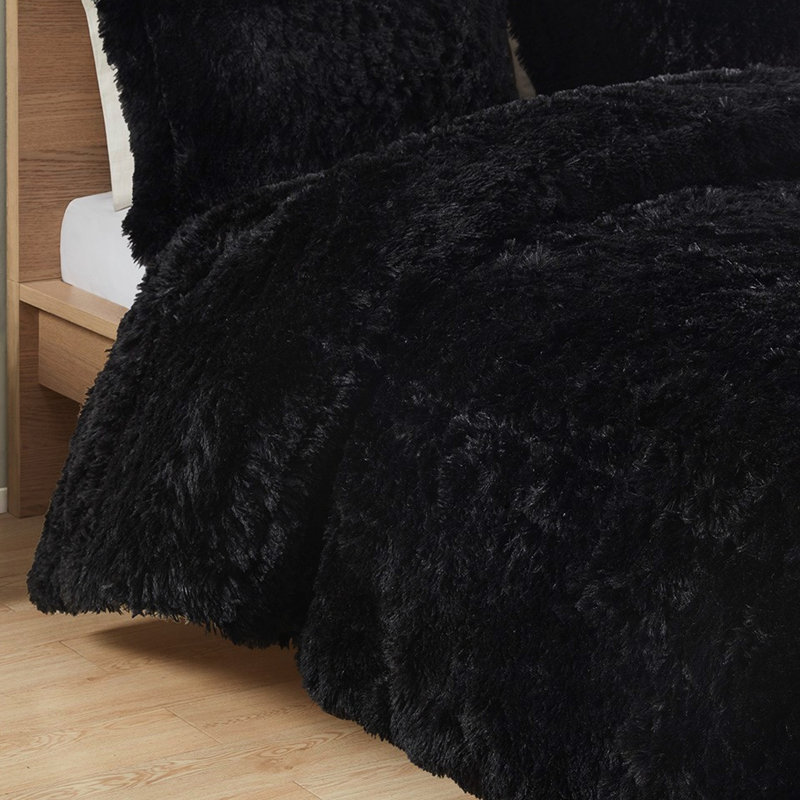 Édredon très grand / très grand avec fourrure à poils longs - Doux et doux pour la chambre à coucher, Tranquillité noire, chaud pour 2 taies décoratives assorties