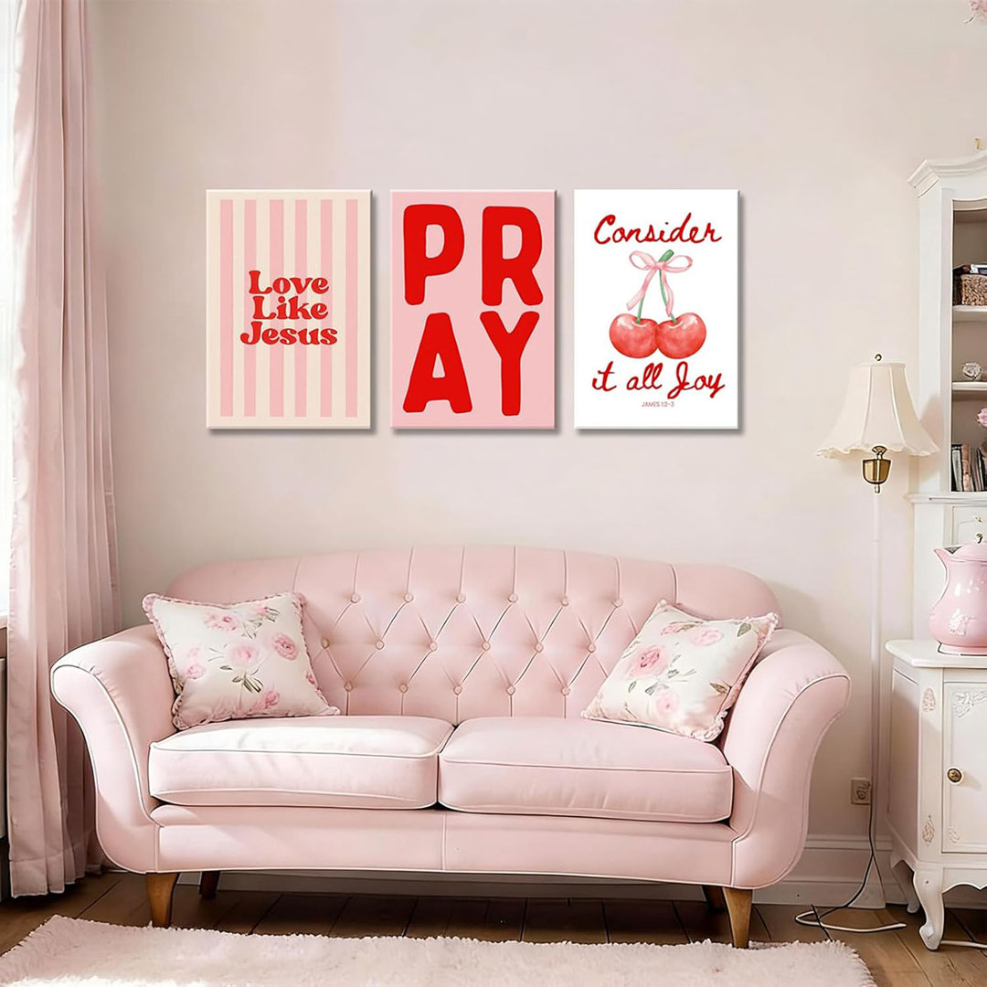 3Pcs Pink Christian Canvas Wall Art Trendy Christian Bible Verse Pictures Wall Decor Preppy Coquette Bow Scripture Aesthetic Posters Prints for Girly