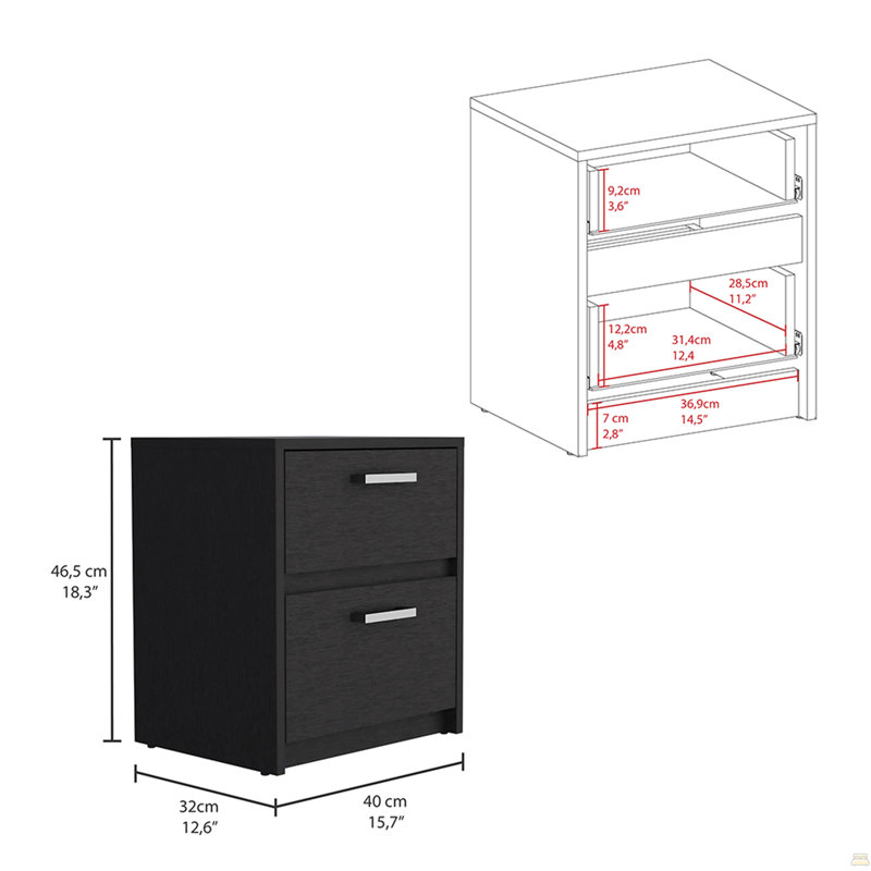 Nightstand Chequered, Two Drawers, Black