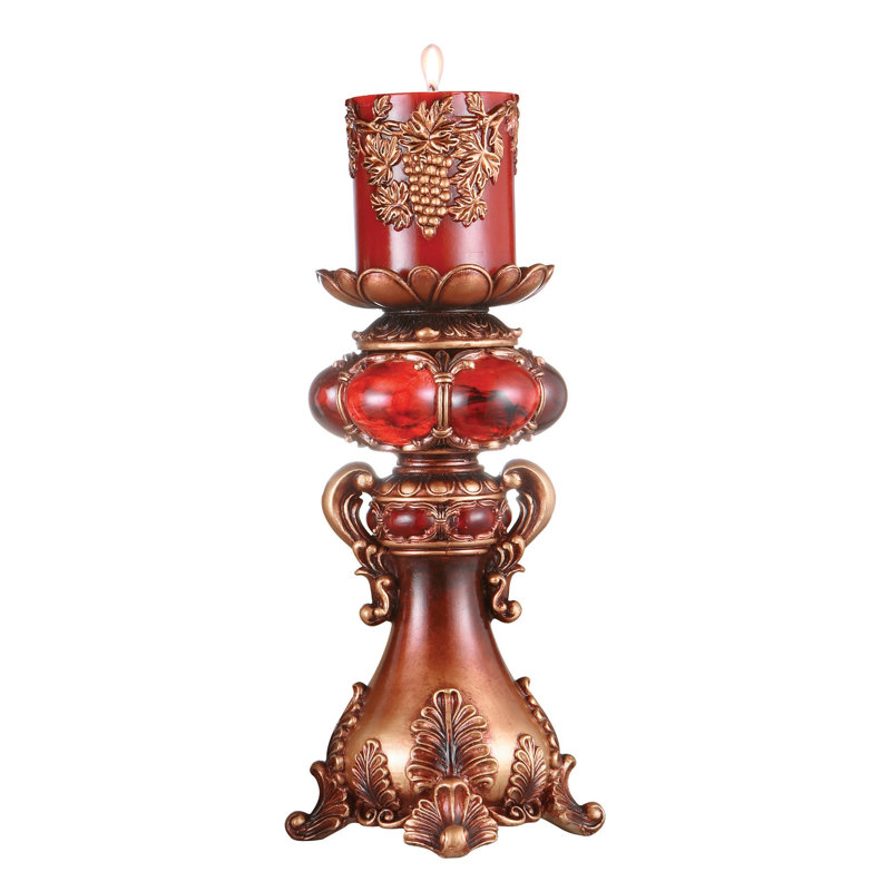 Tall Red and Brown Faux Marble Candle Holder with Candle, 12" H x 6" W x 6" D