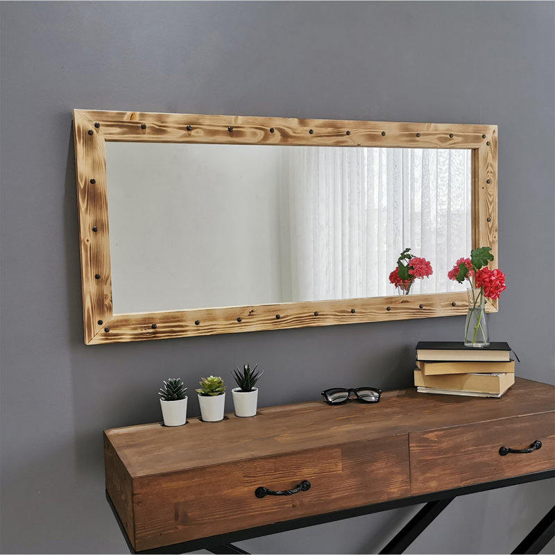 Rustic Walnut Mirror, 43.3 x 19.7 inches | 100% Pine Solid Wood, Wall-Mountable | Adjustable for Horizontal & Vertical Display | Ideal for Entryways, Living Rooms & Bedrooms - Elegant & Durable Design