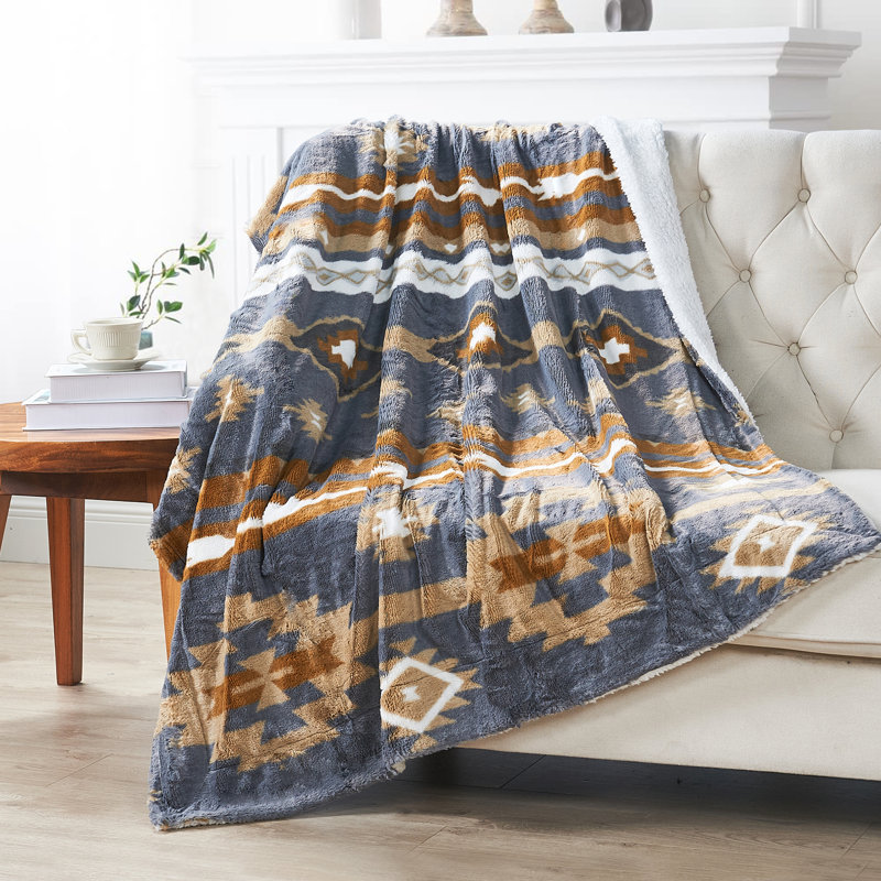 Southwest Faux Fur Sherpa Throw Blanket, Gris, L 80 po x l 60 po