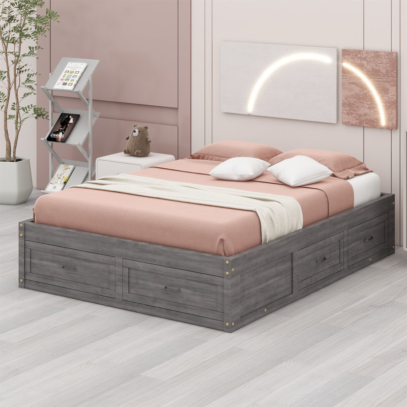 Platform Bed With 6 Storage Drawers, Antique Grey