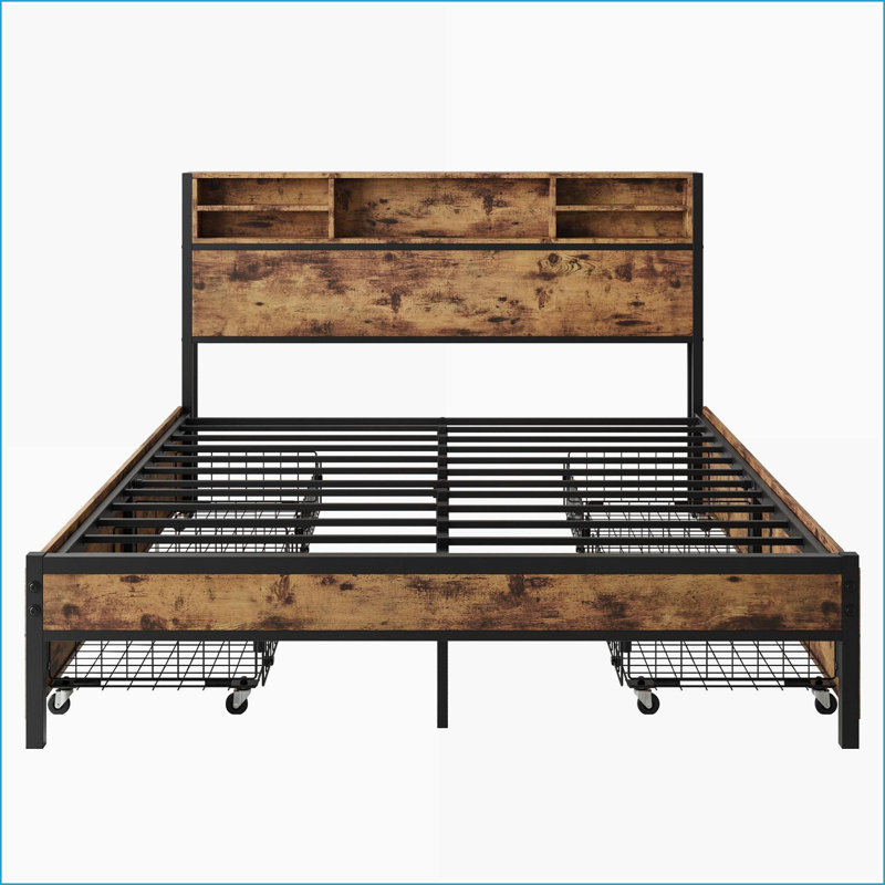 Structure de lit plateforme grand en métal avec tiroirs de rangement et amp; Tête de lit à chargement - aucun sommier nécessaire, sans bruit, pour la chambre à coucher