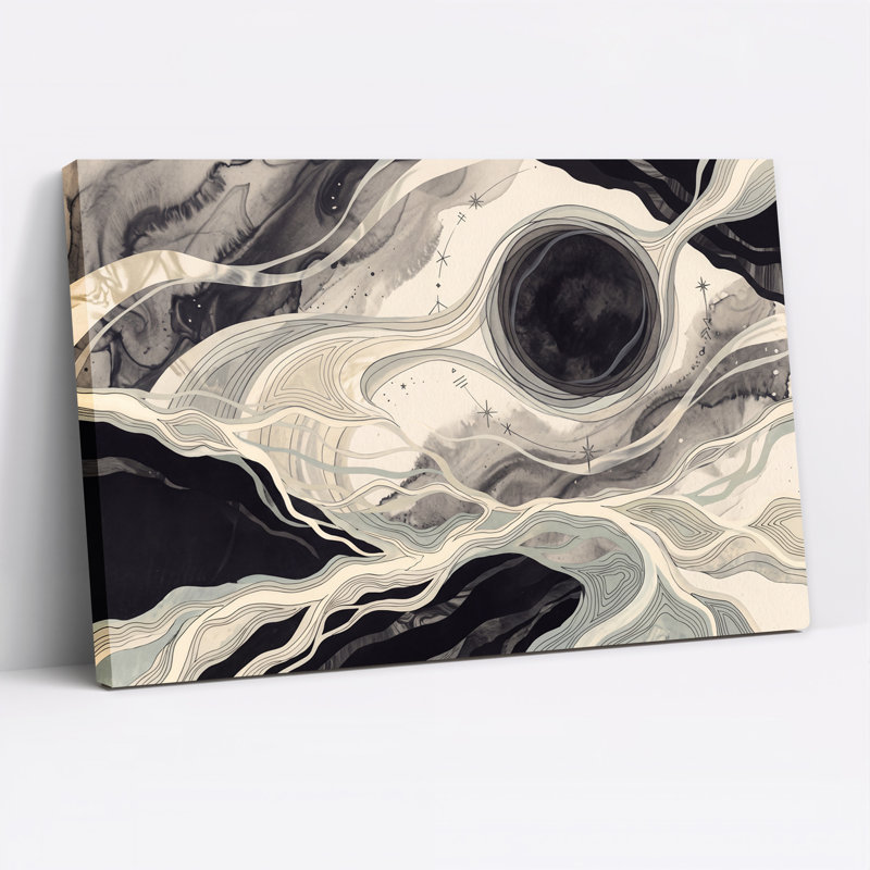 Toile abstraite noire et blanche avec lignes tourbillonnantes et étoiles, H 24 po x l 36 po