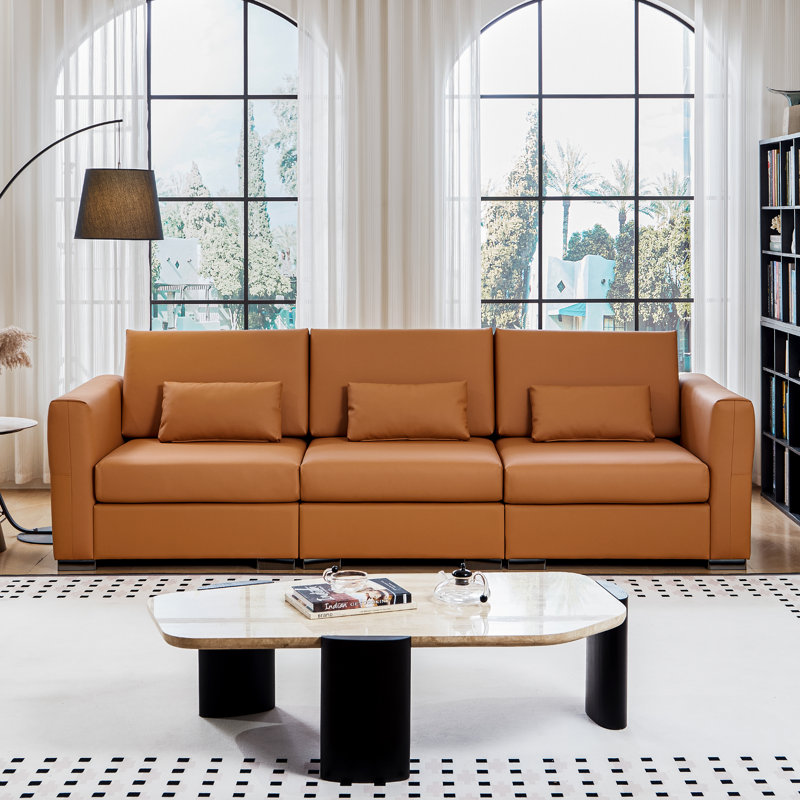 Canapé en cuir orange de 108 po avec 3 coussins carrés, canapé modulaire Mid-Century avec accoudoirs carrés et pieds en métal, sièges rembourrés vintage haut de gamme avec siège profond pour le bureau de la chambre à coucher