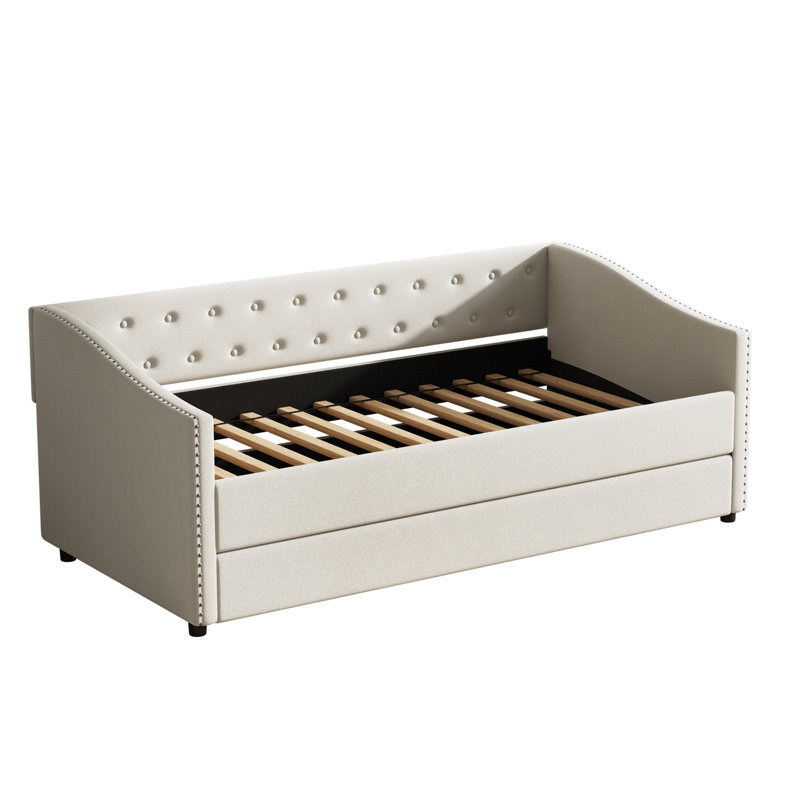 Lit de jour simple avec lit gigogne, sièges confortables et lit escamotable, boutons, mains courantes en forme de vague en laiton, coussins en éponge haute densité, structure en bois robuste pour la chambre à coucher, 500 livres de soutien