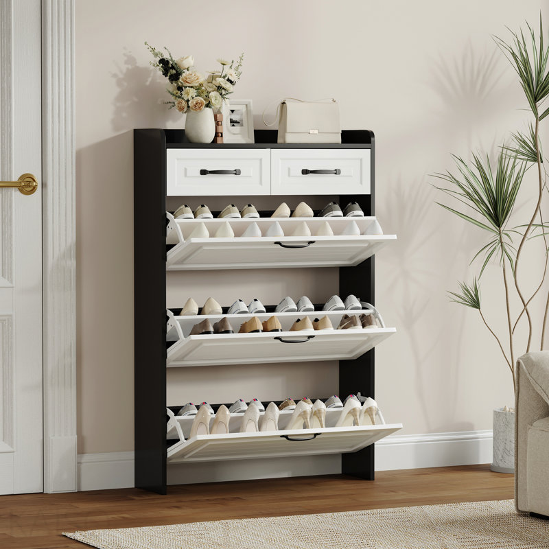 3-Door Shoe Cabinet With S 2-Drawers,Pvc Door With Shape,Large Space For Storage