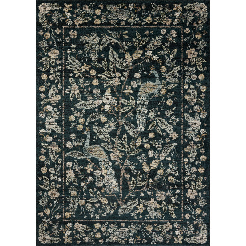 Navy Floral Wool and Synthetic Rectangular Rug, 5' x 8'